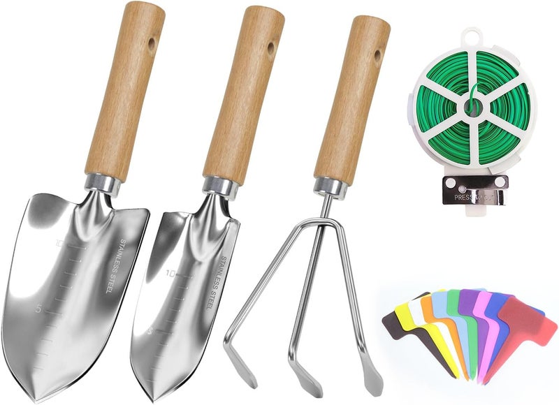 LeMotech Garden Tool Set, 3Pcs Stainless Steel Heavy Duty Gardening Kit Including Trowel Transplanter Cultivator Gardening Hand Tools with Handle, Planting Tool for Women Men - Image 1